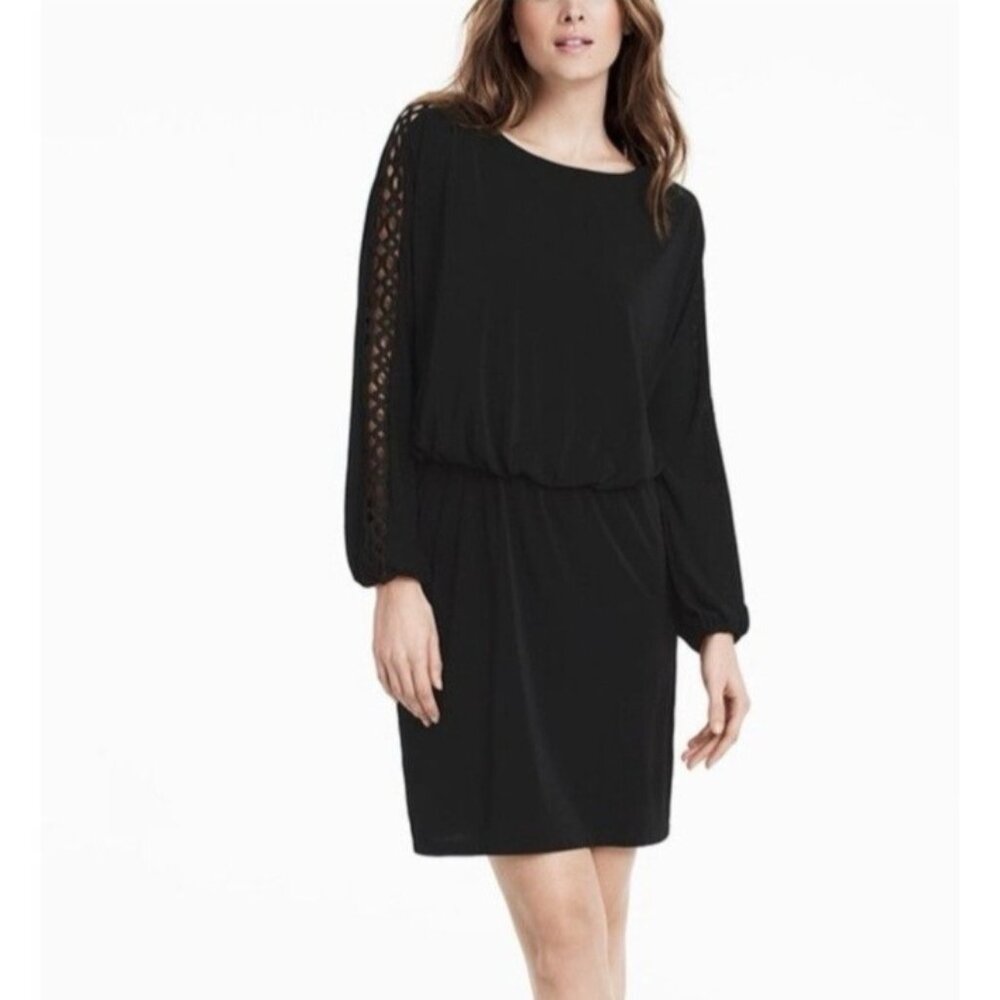 WHBM Shift Dress Medium Black Washable 3/4 Long Sleeve Lattice Top Trim Washable